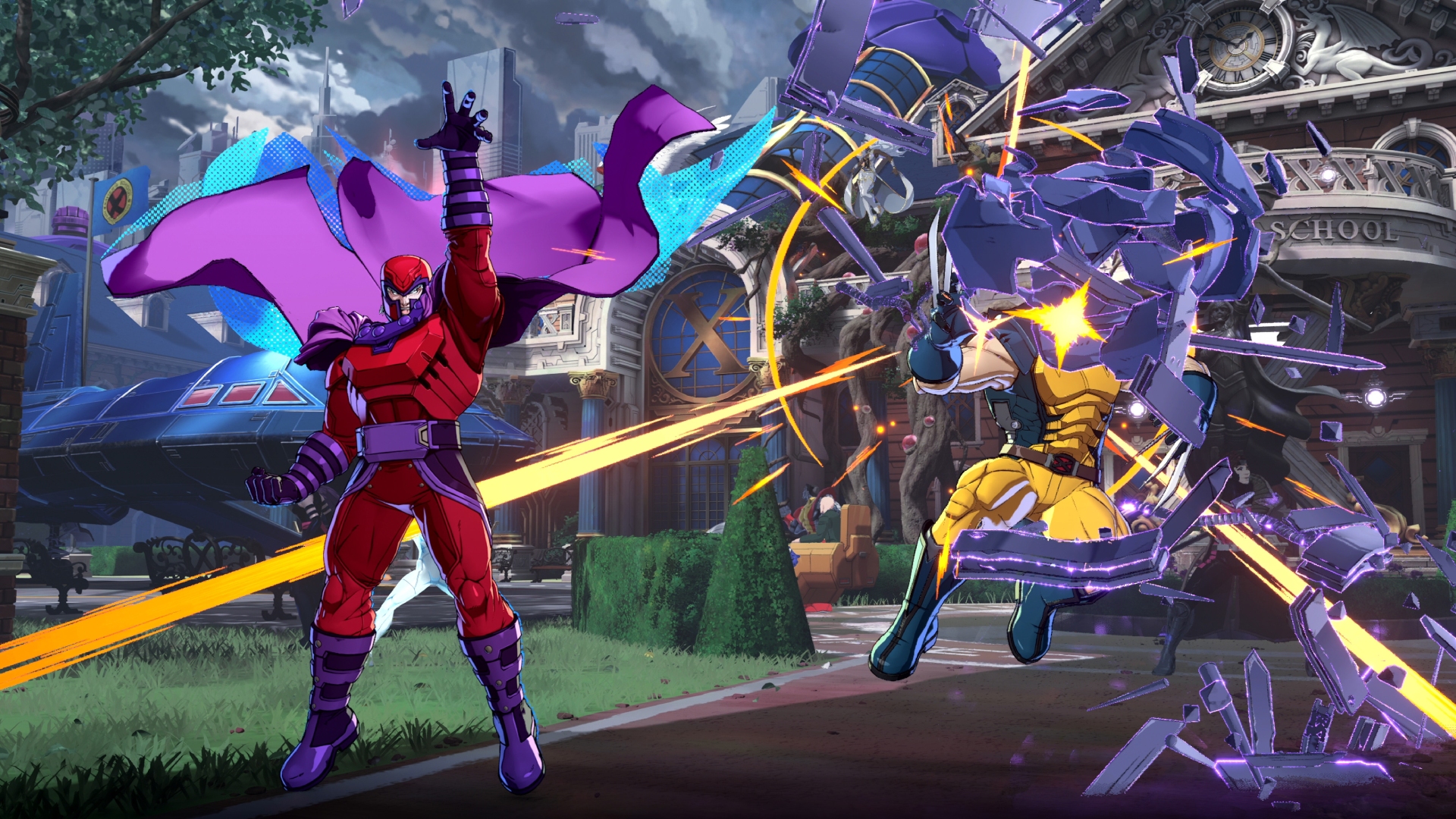 لقطة شاشة من Marvel Tokon: Fighting Souls تُظهر ماجنيتو (يسار) وهو يهاجم وولفرين (يمين) بحطام معدني