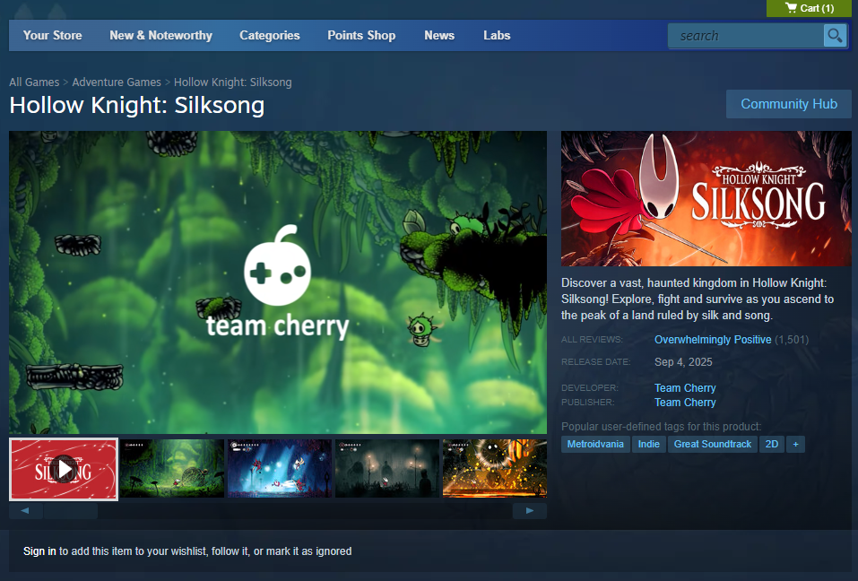 صفحة متجر Hollow Knight: Silksong على Steam