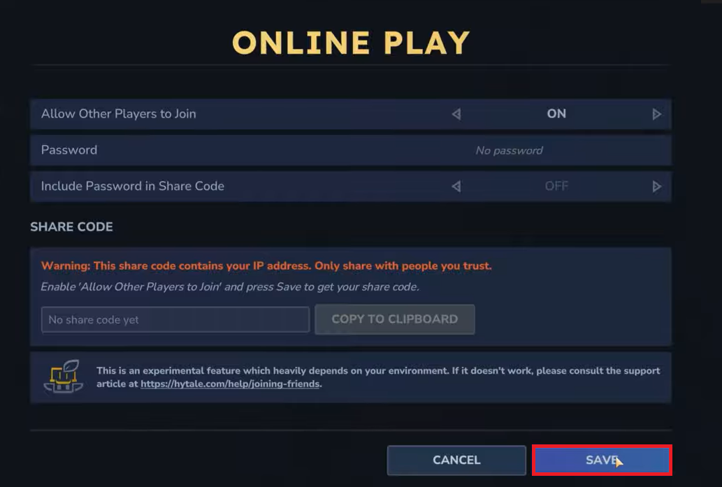 صورة توضح حفظ إعدادات اللعب عبر الإنترنت في Hytale