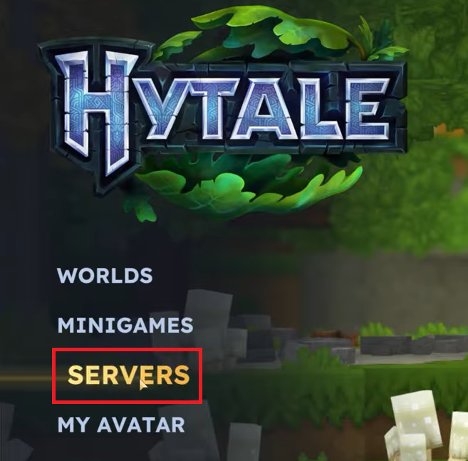 صورة توضح خيار Servers في القائمة الرئيسية للعبة Hytale.