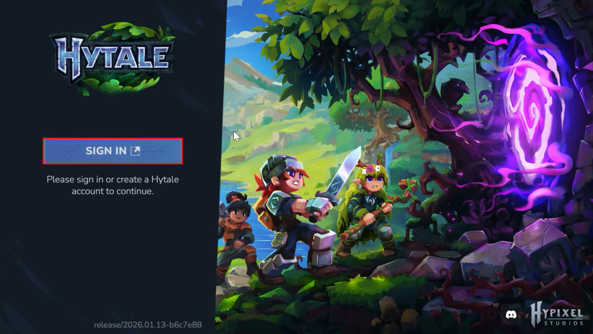 لقطة شاشة لزر SIGN IN في مشغل Hytale