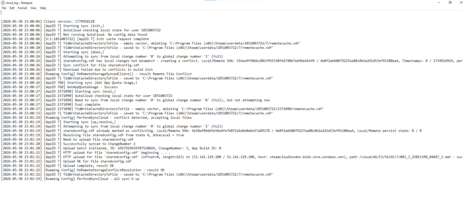 ملف Steam cloud_log.txt مفتوح على Windows أثناء التحقق من سبب عدم مزامنة حفظ سحابي للعبة معينة.