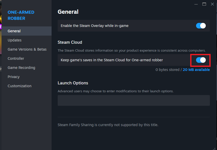 خصائص لعبة Steam على Windows تُظهر خيار مزامنة السحابة الخاص باللعبة.