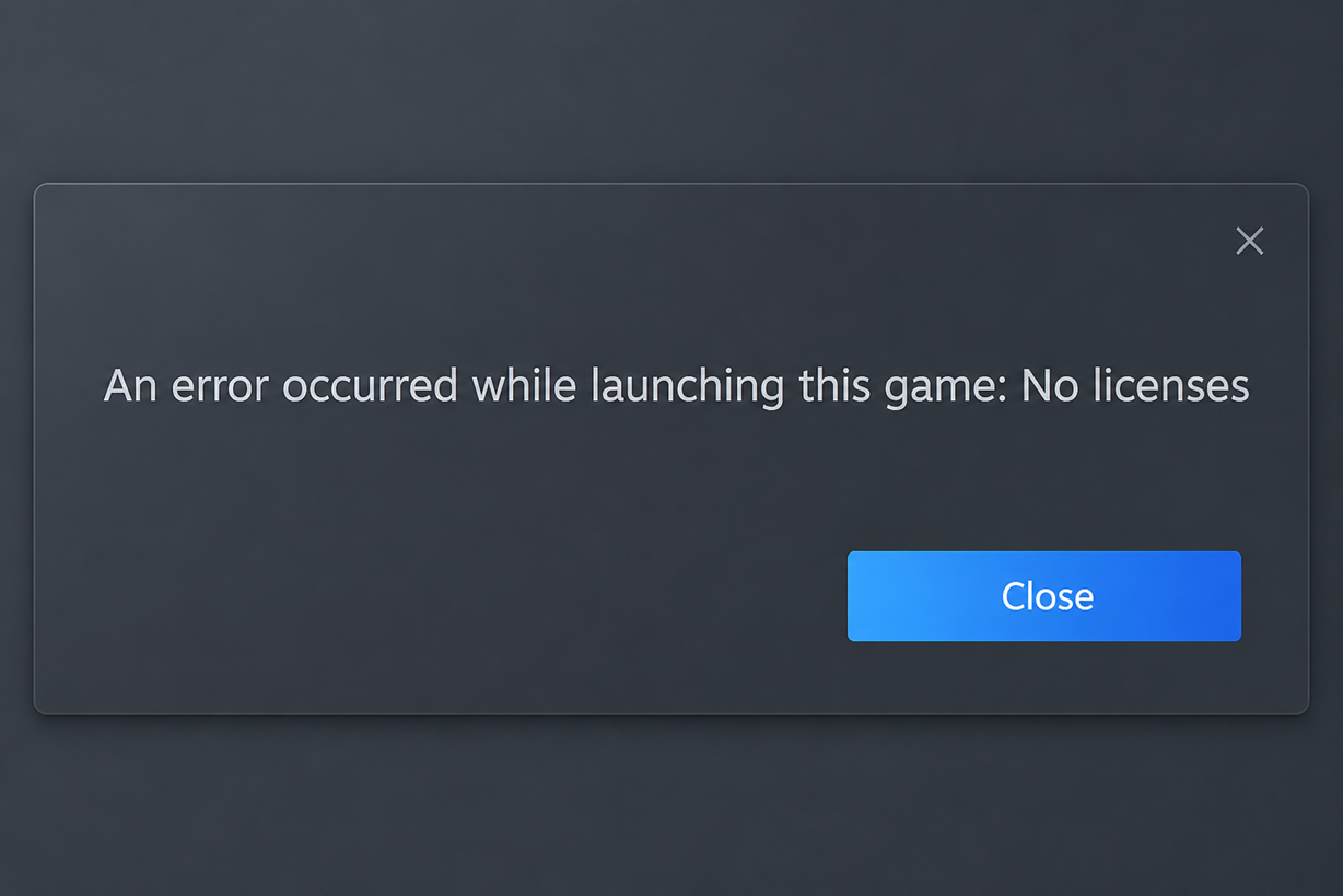 Steam يعرض خطأ No licenses أثناء التحقق من حالة ملكية الحساب واللعبة.