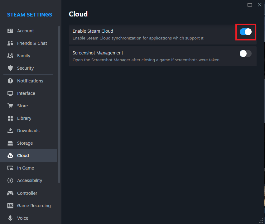 إعدادات Steam على Windows تُظهر مفتاح التبديل العام لمزامنة Steam Cloud.