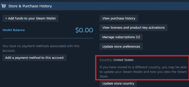 تفاصيل حساب Steam تعرض بلد المتجر أثناء التحقق من خطأ "No licenses" المتعلق بالمنطقة.