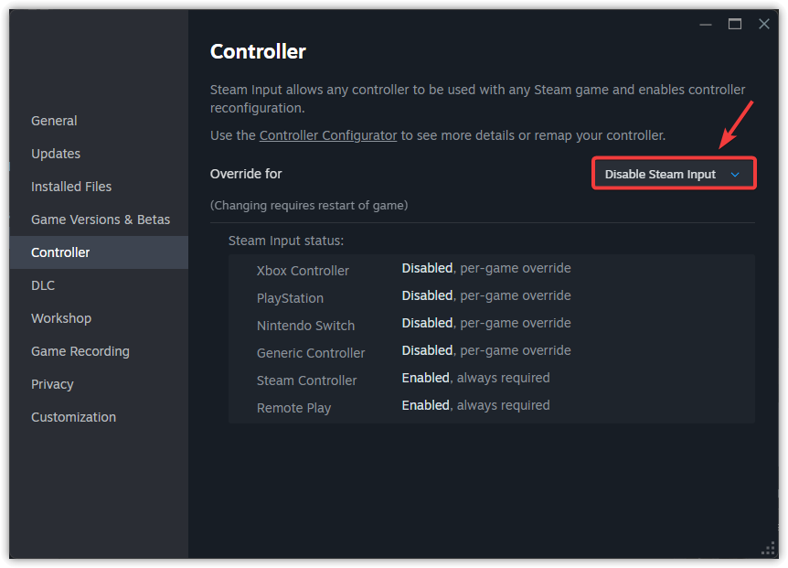لقطة شاشة لإعدادات وحدة التحكم في Steam مع خيار Disable Steam Input