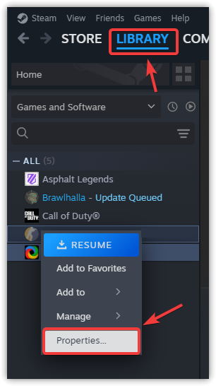 لقطة شاشة لصفحة الخصائص في Steam
