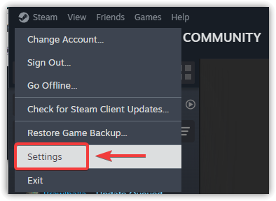 لقطة شاشة تظهر قائمة Steam المنسدلة مع خيار Settings