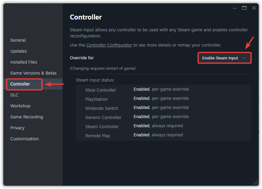 لقطة شاشة لإعدادات وحدة التحكم في Steam مع خيار Enable Steam Input