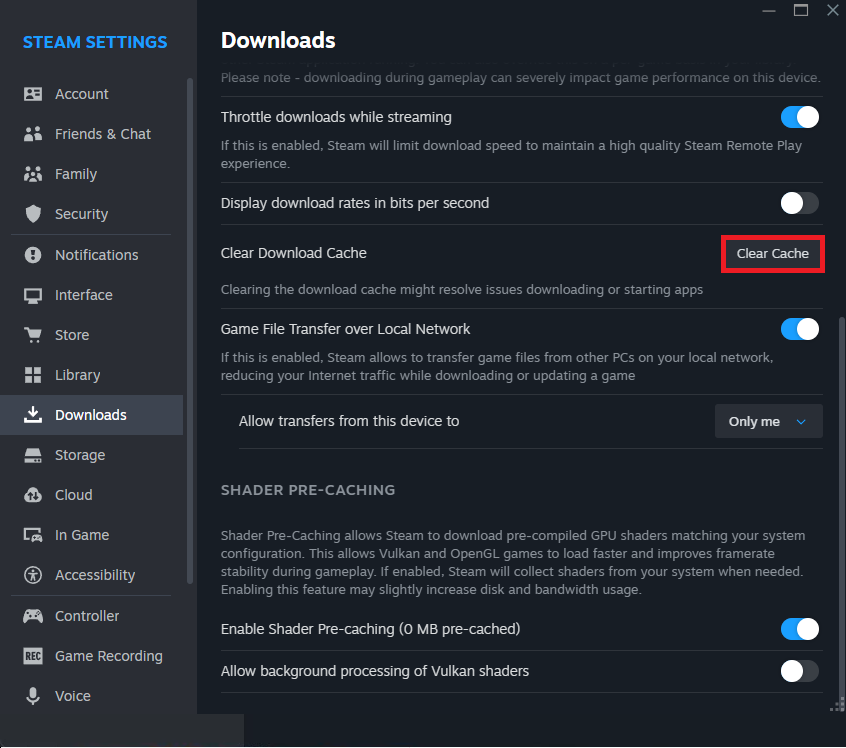 إعدادات التنزيلات (Downloads) في Steam تظهر زر مسح ذاكرة التخزين المؤقت للتنزيلات (Clear Download Cache).