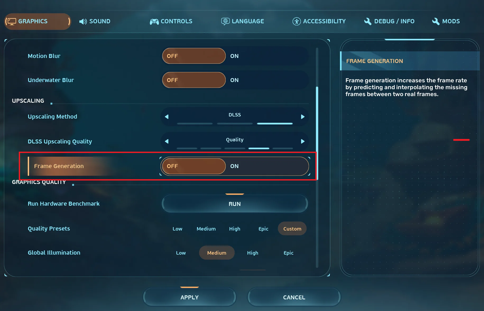 إعدادات رسوميات Subnautica 2 تظهر تعطيل DLSS أو Frame Generation.