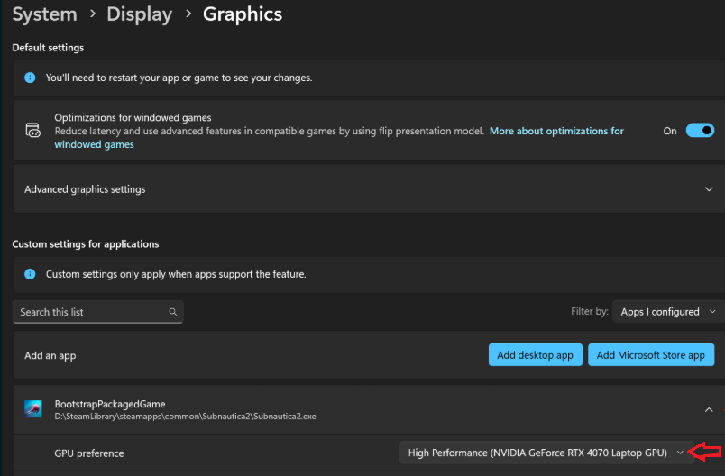 إعدادات Windows Graphics تعيّن Subnautica2.exe لوحدة معالجة الرسومات عالية الأداء (High performance GPU).