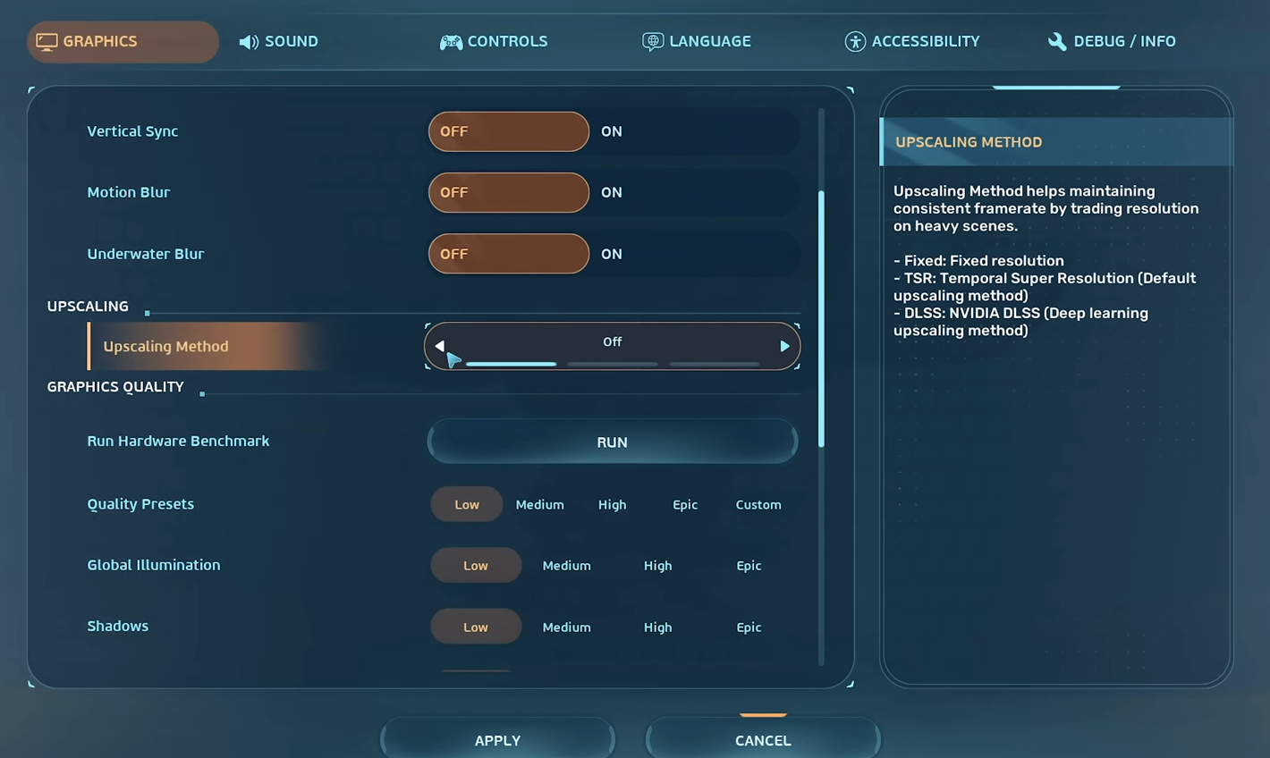 قائمة إعدادات الرسوميات في Subnautica 2 يتم خفضها بعد وصول اللعبة إلى القائمة الرئيسية ولكنها تتجمد أثناء اللعب.
