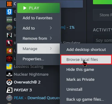 قائمة السياق في مكتبة Steam تفتح Browse local files للعبة Subnautica 2.