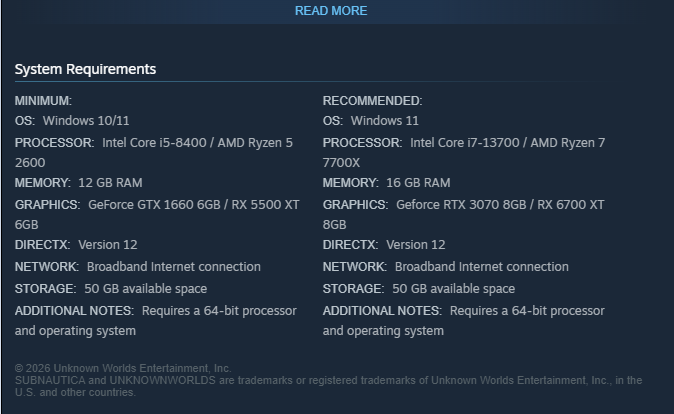 صفحة متجر Steam للعبة Subnautica 2 تعرض الحد الأدنى لمتطلبات النظام الحالية.