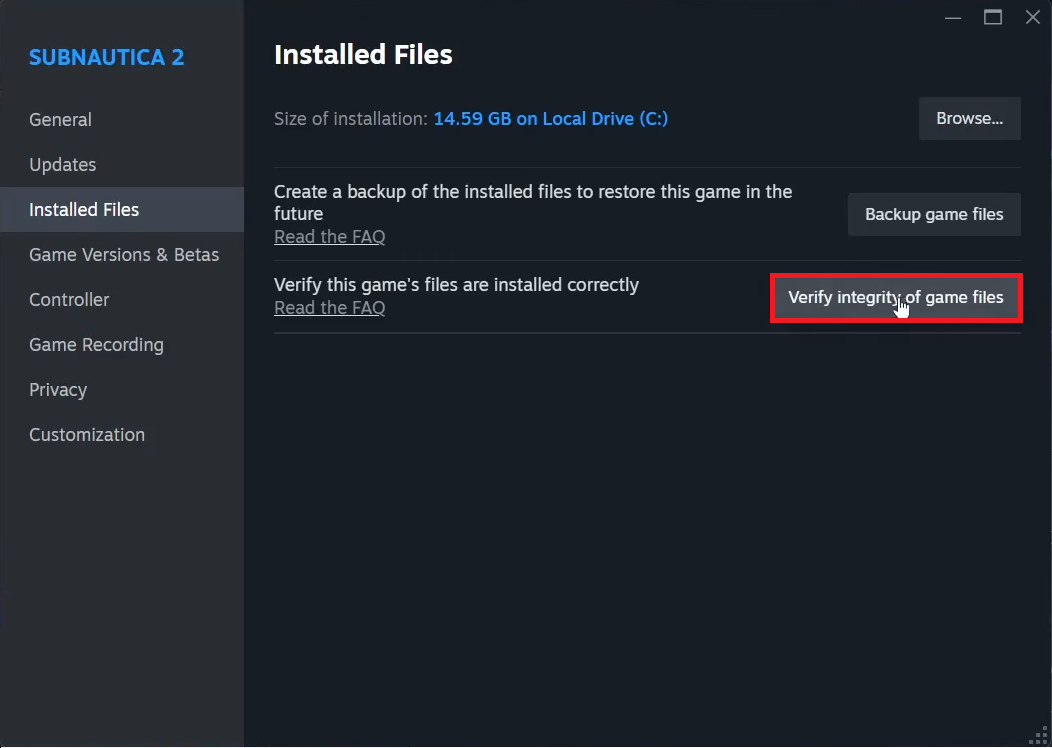 علامة تبويب Steam Installed Files على Windows تقوم بتشغيل Verify integrity of game files للعبة تعاني من مشاكل مزامنة الحفظ السحابي.
