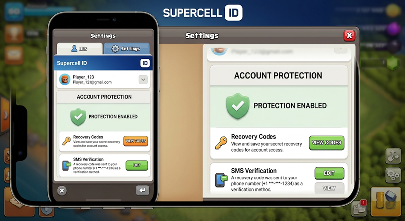 إعدادات حماية حساب Supercell ID تعرض التحقق عبر SMS وأكواد الاسترداد كخيارات استرداد.