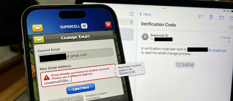 تدفق تغيير البريد الإلكتروني الخاص بمعرف Supercell ID يطلب رمزًا من صندوق البريد المتصل الحالي قبل السماح بتبديل البريد الإلكتروني.