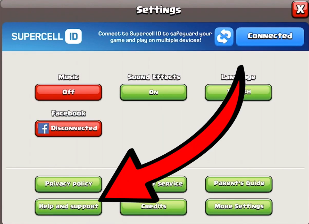 شاشة المساعدة والدعم في لعبة Supercell تُستخدم للتواصل مع الدعم وطلب تغيير البريد الإلكتروني لـ Supercell ID.