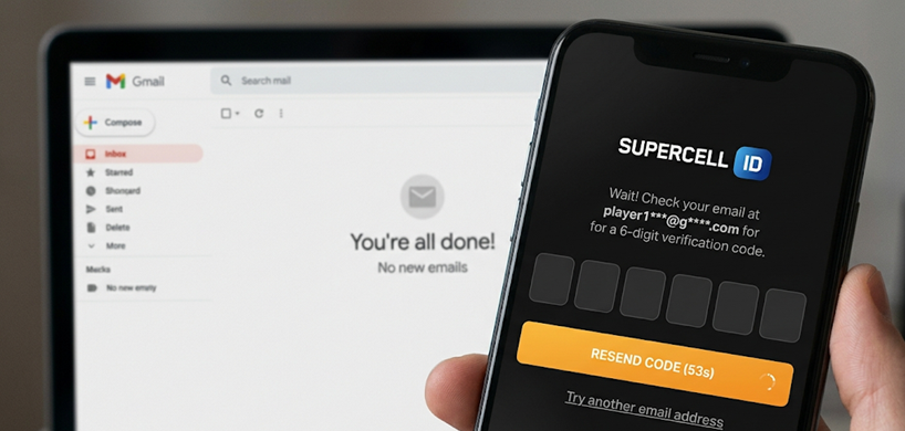 شاشة تسجيل الدخول إلى Supercell ID تنتظر بريدًا إلكترونيًا لرمز التحقق لا يصل أبدًا.