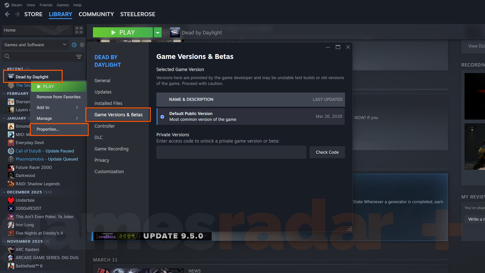 صورة توضح كيفية الوصول إلى اختبار DBD PTB العام من مكتبة Steam