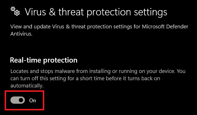 صورة توضح كيفية إيقاف تشغيل Real-time protection