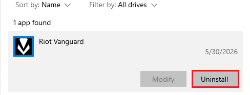 تطبيقات Windows المثبتة لإلغاء تثبيت Riot Vanguard لكسر حلقة تحديث Riot أو Valorant المتوقفة.
