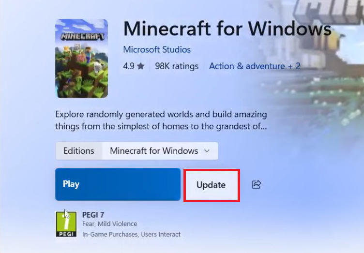 تحديث Minecraft Bedrock في متجر المنصة قبل محاولة إصلاح خطأ Creeper.