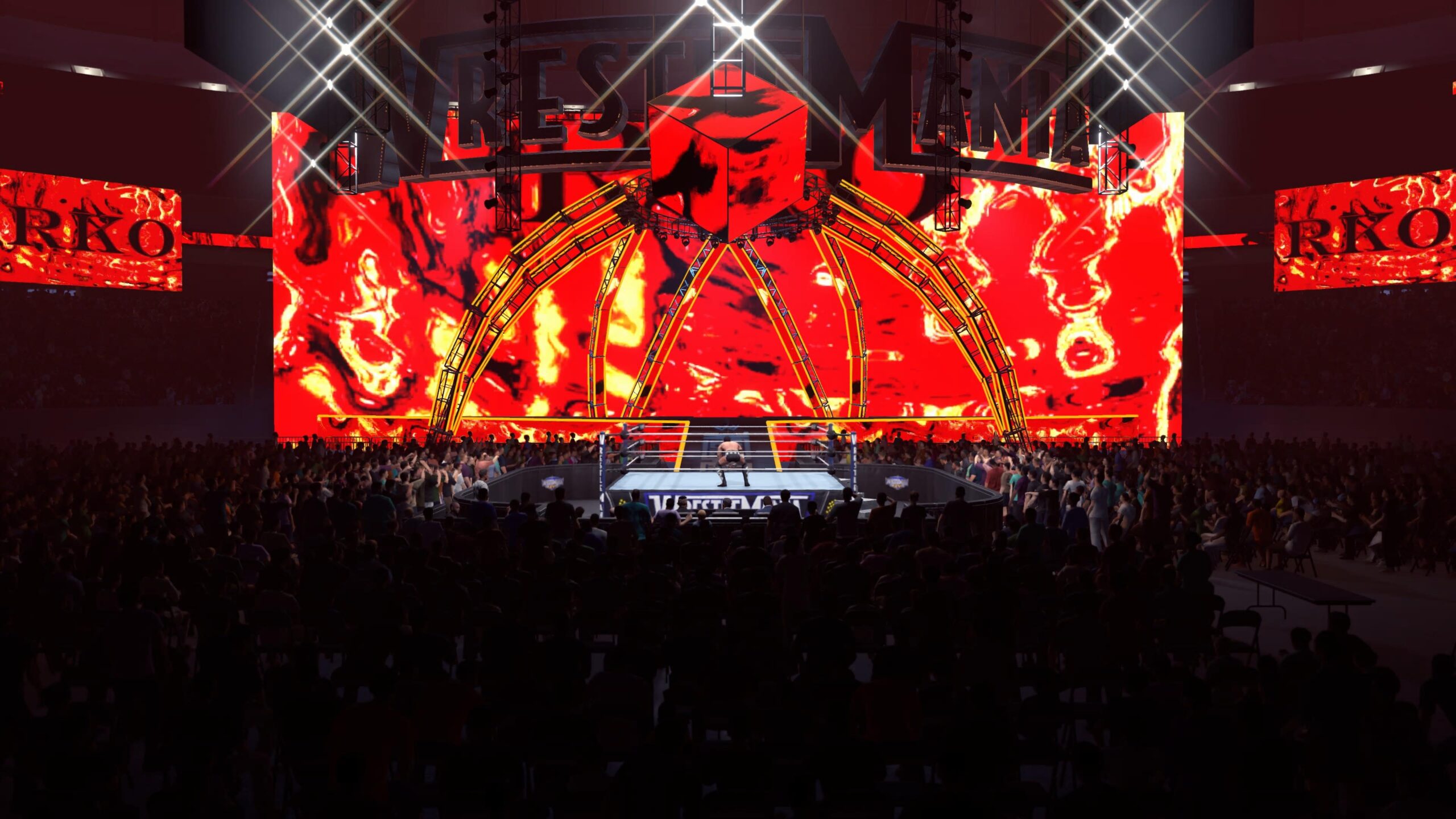لقطات من داخل لعبة المصارعة WWE 2K26، تظهر المصارعين داخل الحلبة، أثناء دخولهم، والساحة.
