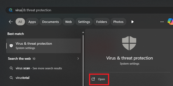 صورة لنافذة Virus & threat protection