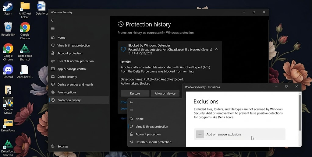 سجل حماية أمان Windows يتم التحقق منه بحثًا عن حظر Delta Force أو AntiCheatExpert.