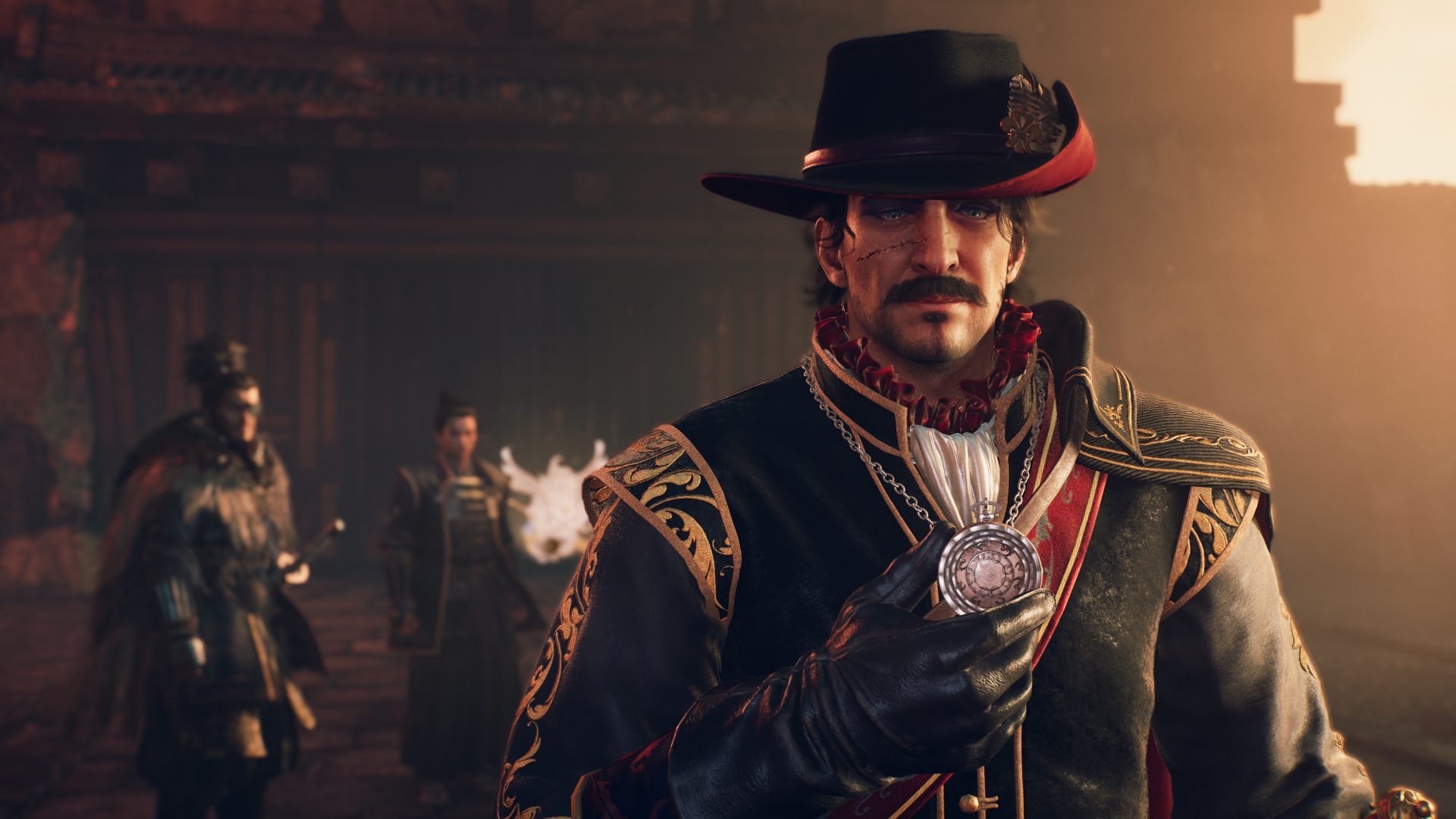 لقطة شاشة من Nioh 3: Hell Rising تظهر المقاتل الإسباني رودريغو في المقدمة، ويُرى ياغيو جوبي والبطل في الخلفية