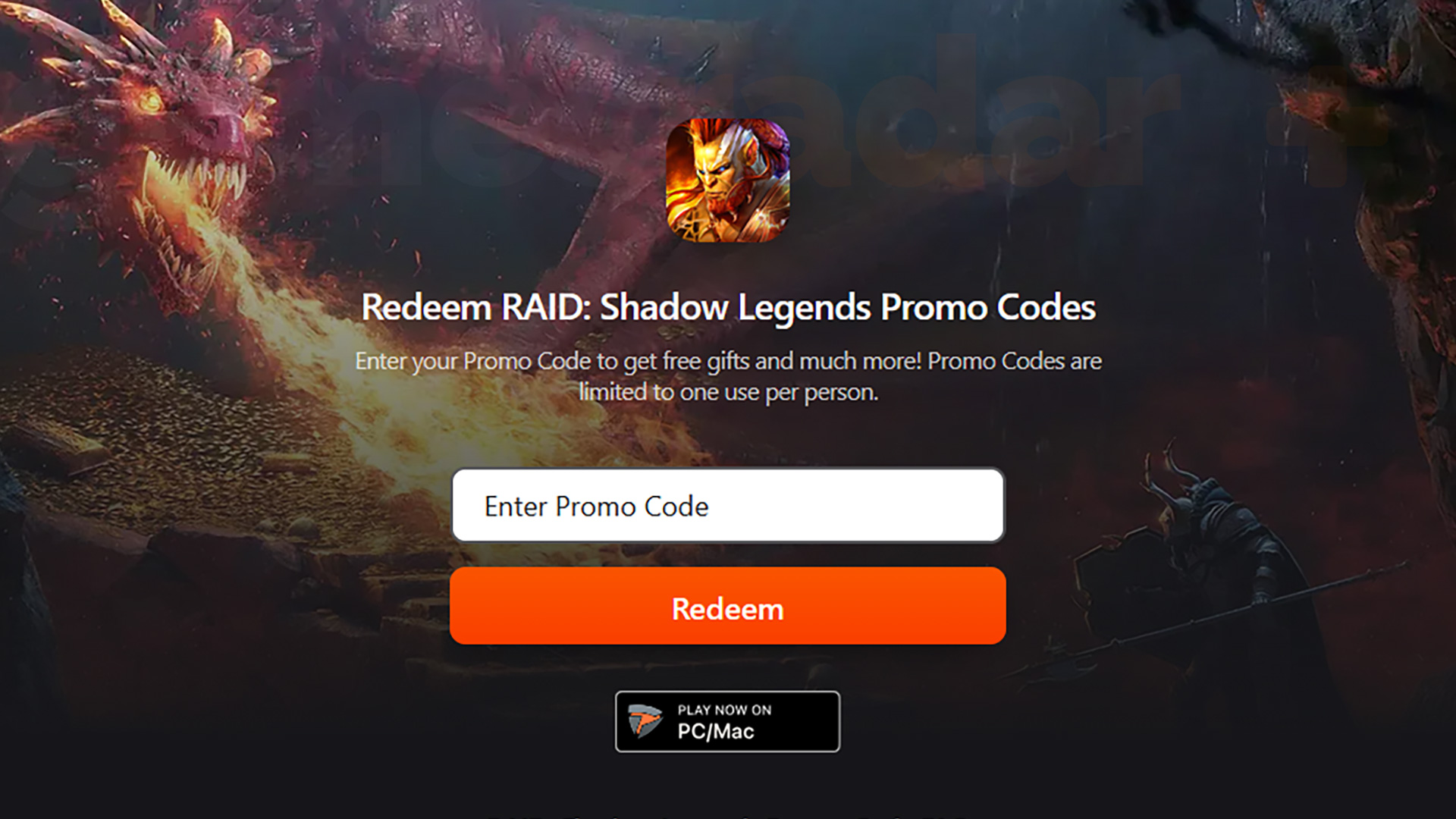 صورة مقربة لقسم إدخال أكواد لعبة Raid Shadow Legends على الموقع