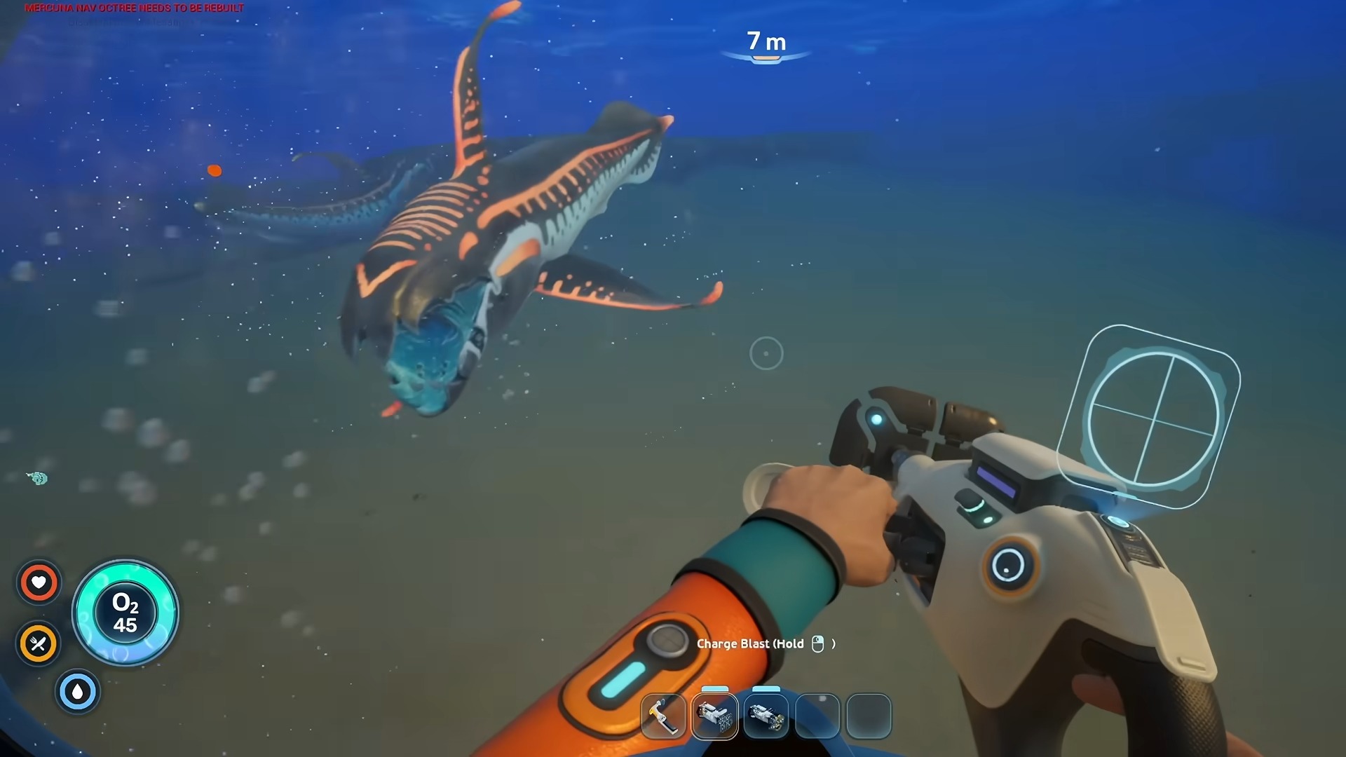 لقطة شاشة من Subnautica 2 تظهر سلوك الصاعق الصوتي (Sonic Resonator) لإذهال المخلوقات المهاجمة في تحديث الإجراءات التكيفية