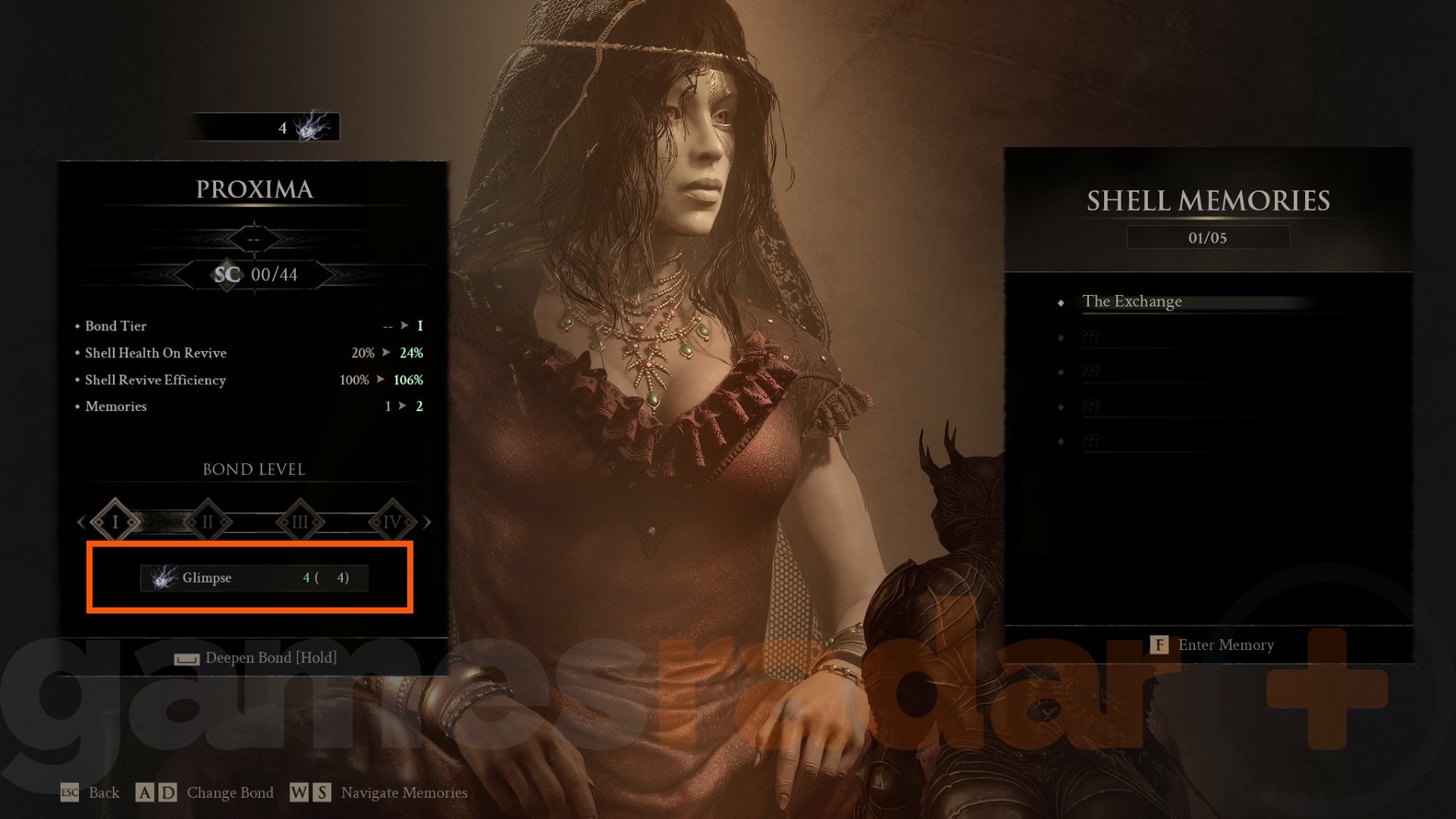 اللاعب يفكر في إنفاق أربعة Glimpses من Mortal Shell 2 لترقية Proxima