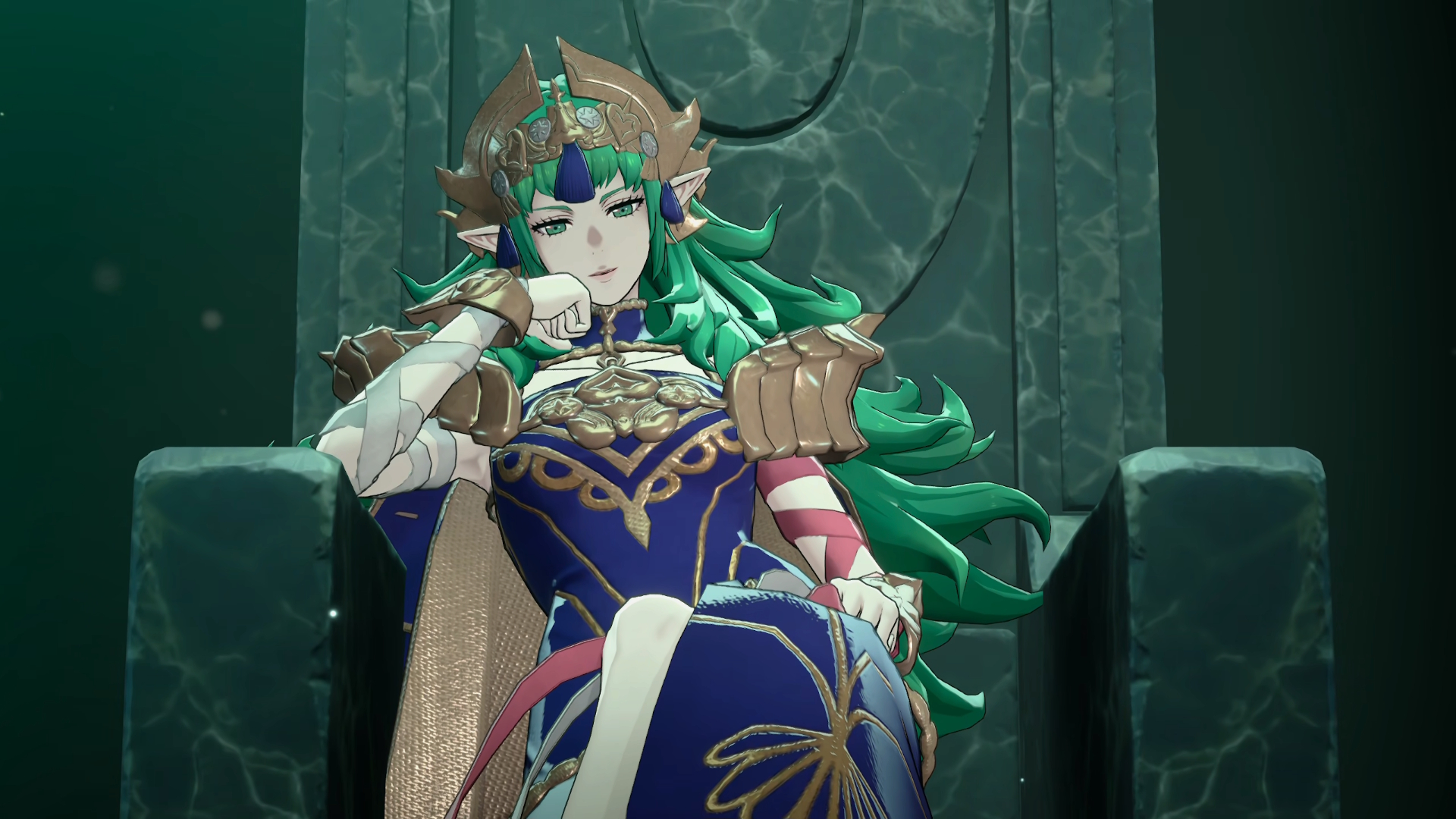 سوثيس، إلهة، تستريح في كرسيها في لعبة Fire Emblem: Fortune's Weave