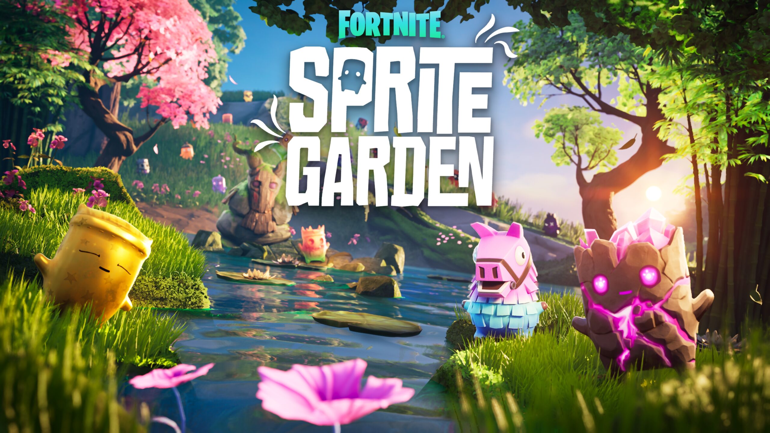 صورة فنية رئيسية لحديقة Sprites في Fortnite، التي تم تقديمها في الموسم الرابع من الفصل السابع، وتظهر مجموعة من السبرايتس مسترخية بجانب بركة زنابق الماء