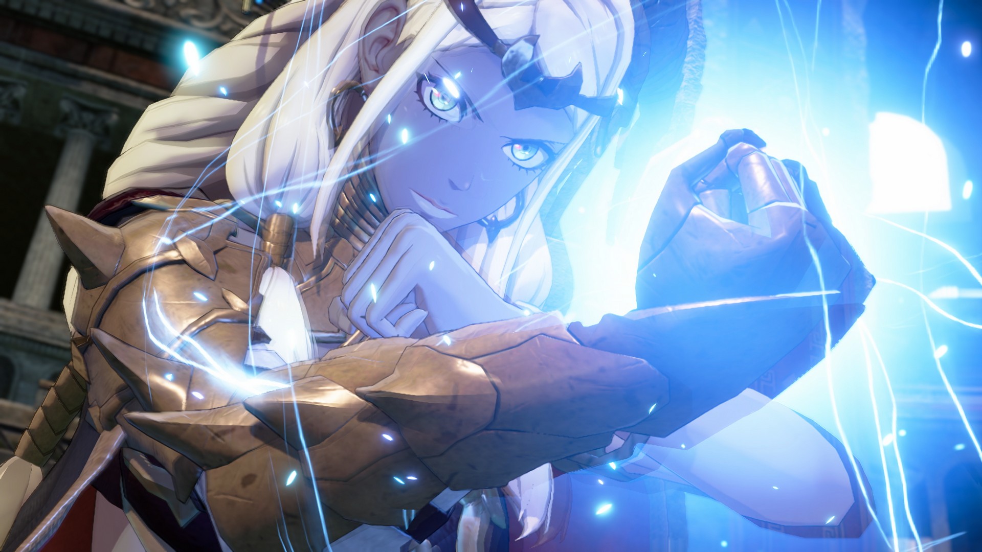 ثيودورا تبدو جادة في Fire Emblem: Fortune's Weave وهي تقبض على قبضتها المدرعة وتتوهج طاقة زرقاء من داخلها