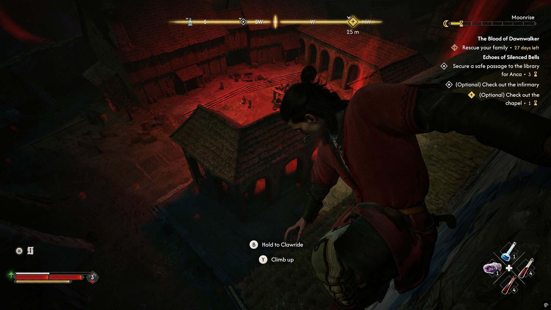 كوين يتدلى من برج الجرس في دير سانت تراينا في The Blood of Dawnwalker