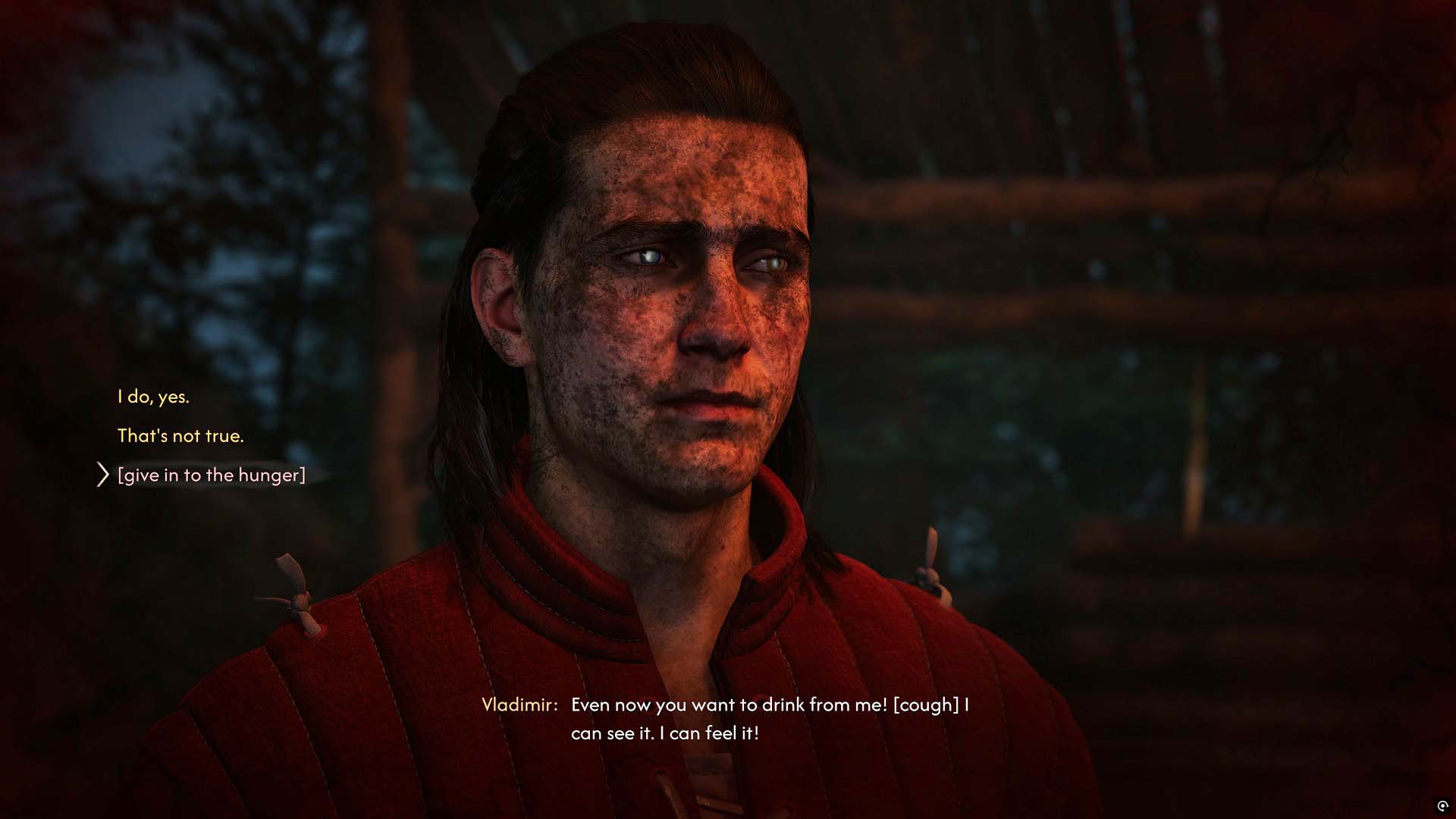 كوين يُوصف بالوحش من قبل شخص خارج الشاشة في The Blood of Dawnwalker، مع خيار الاستسلام لجوعه