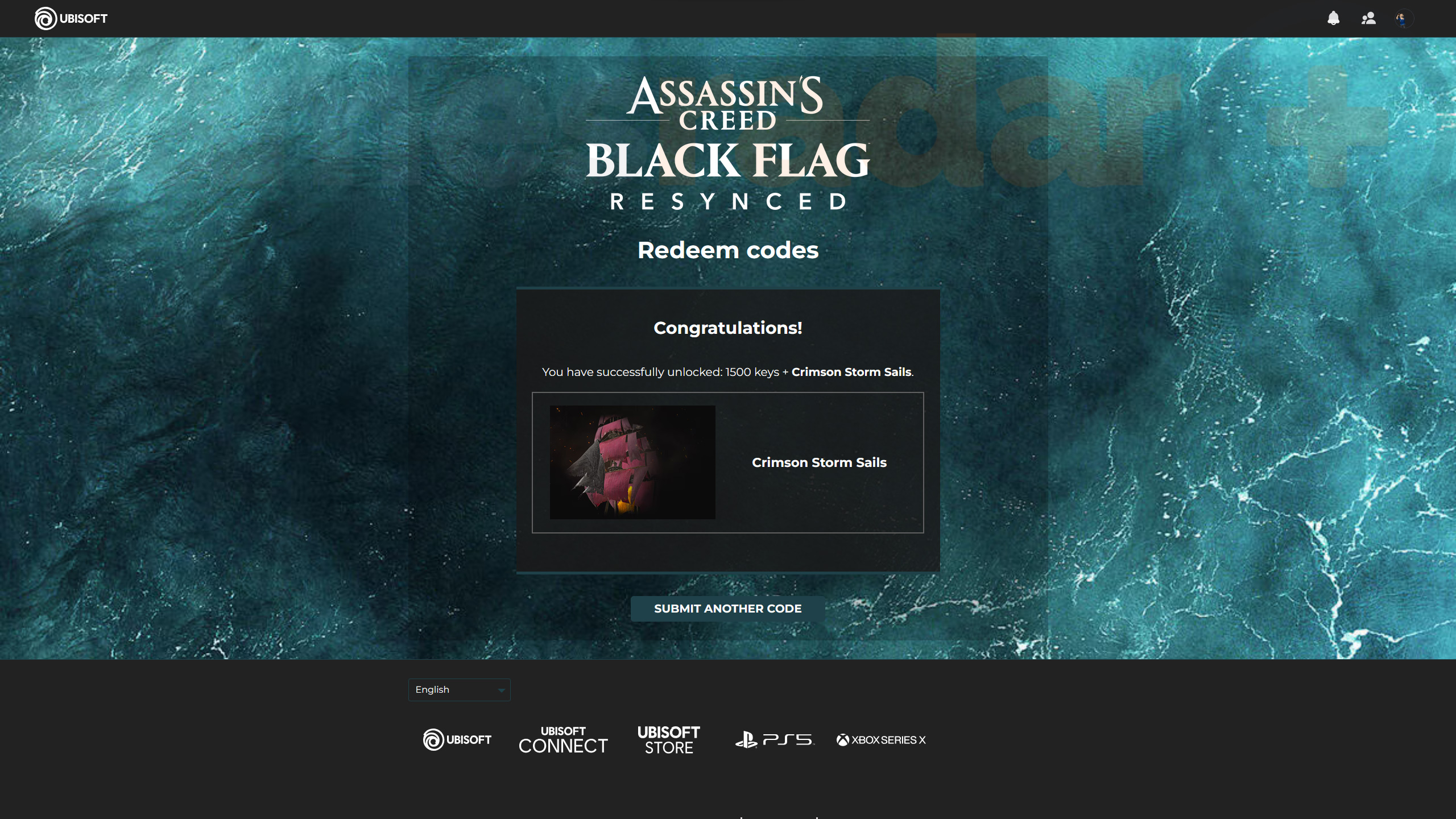 شاشة تعرض المكافآت التي يتم الحصول عليها عند استرداد أحد أكواد Black Flag Resynced