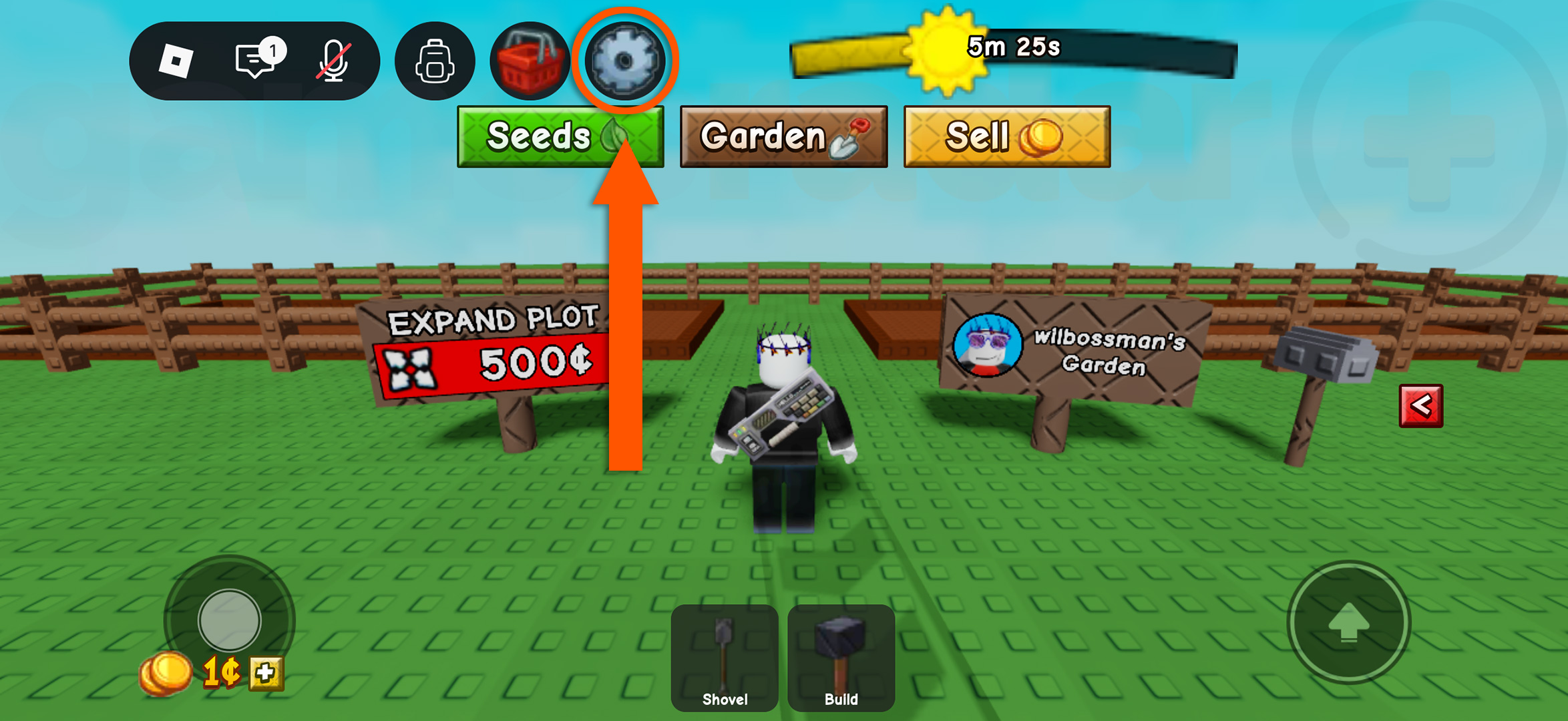 سهم يشير إلى كيفية الوصول إلى قائمة الإعدادات لاسترداد أكواد Grow a Garden 2