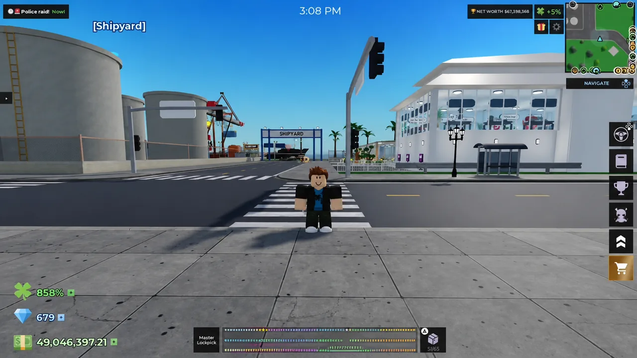 شاشة لعب من لعبة Storage Hunters على Roblox تظهر منطقة حوض السفن مع إبراز زر عربة التسوق بينما تقف الشخصية الرمزية بالقرب.