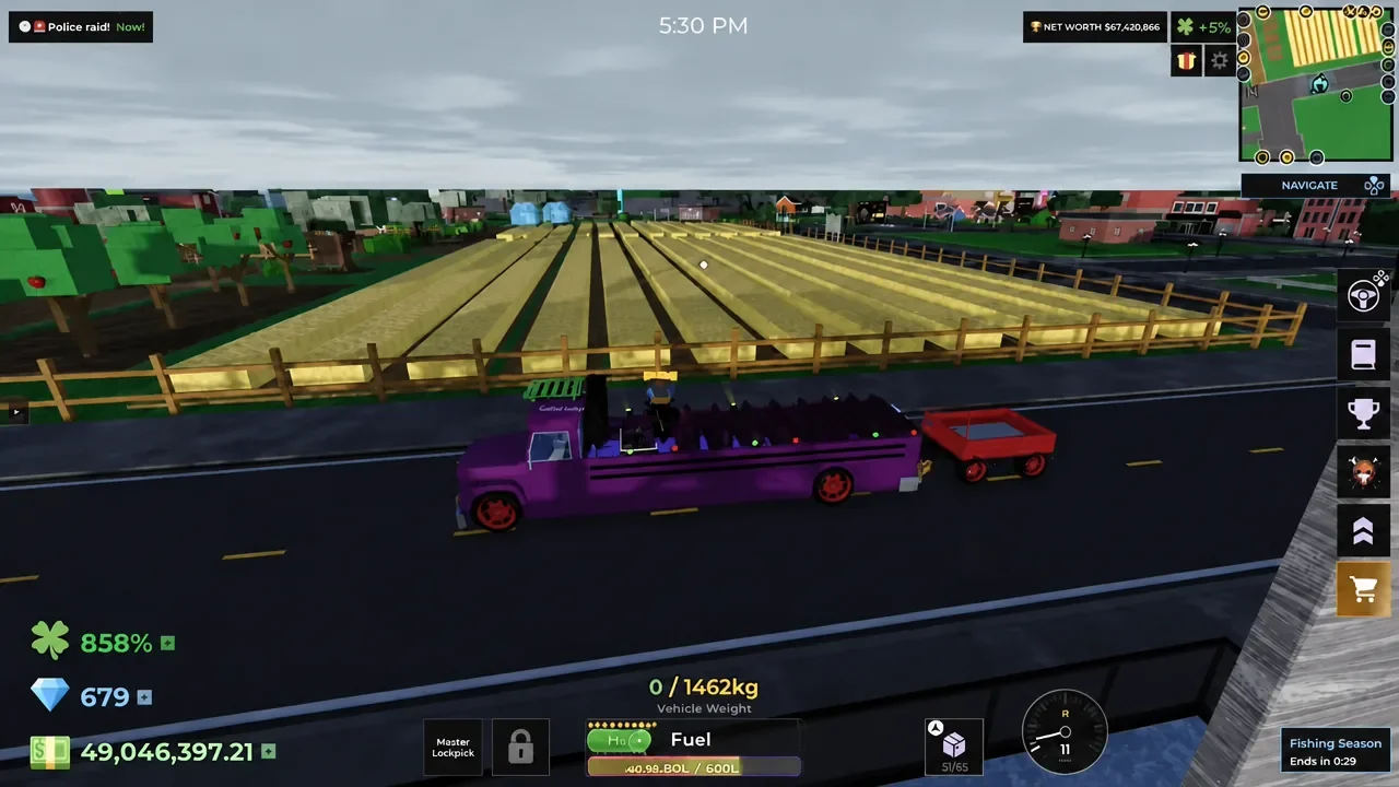 لاعب في لعبة Storage Hunters على Roblox يقود حافلة الحفلات الأرجوانية على طول الطريق مع إبراز زر Shop.