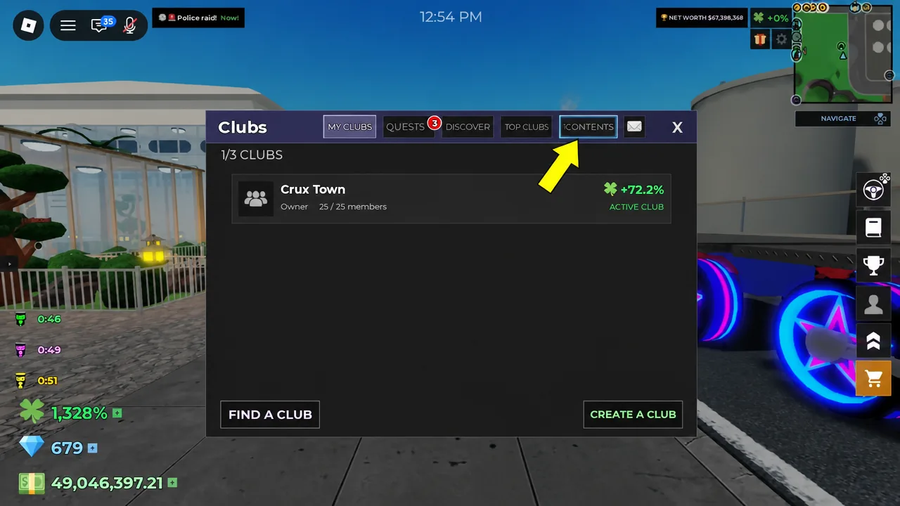 قائمة Clubs تُظهر نادي Crux Town كنادي نشط مع تحديد علامة تبويب Contents