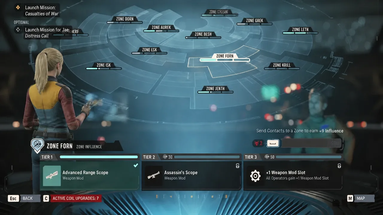شاشة تأثير المنطقة (Zone Influence) مع تحديد منطقة Forn وإبراز مكافأة Advanced Range Scope من المستوى الأول (Tier 1).