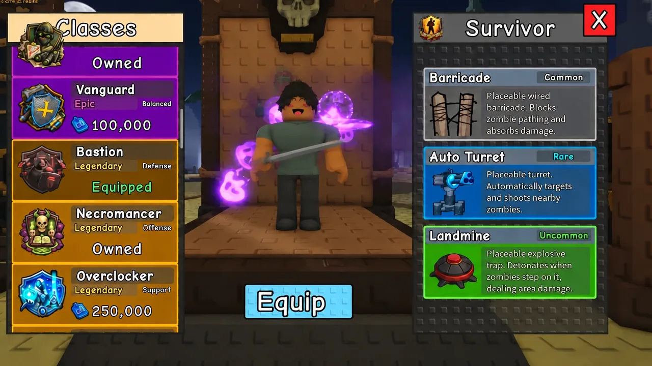شاشة الفئات مع تمييز Bastion في قائمة الفئات وزر Equip جاهز