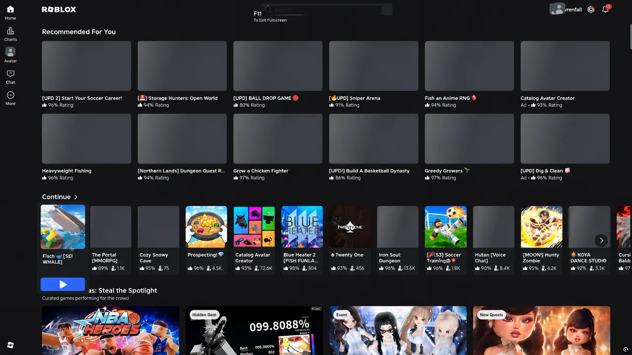 شاشة Roblox الرئيسية مع أقسام 'موصى به لك' et 'متابعة' قبل الانضمام إلى خادم Fisch عام
