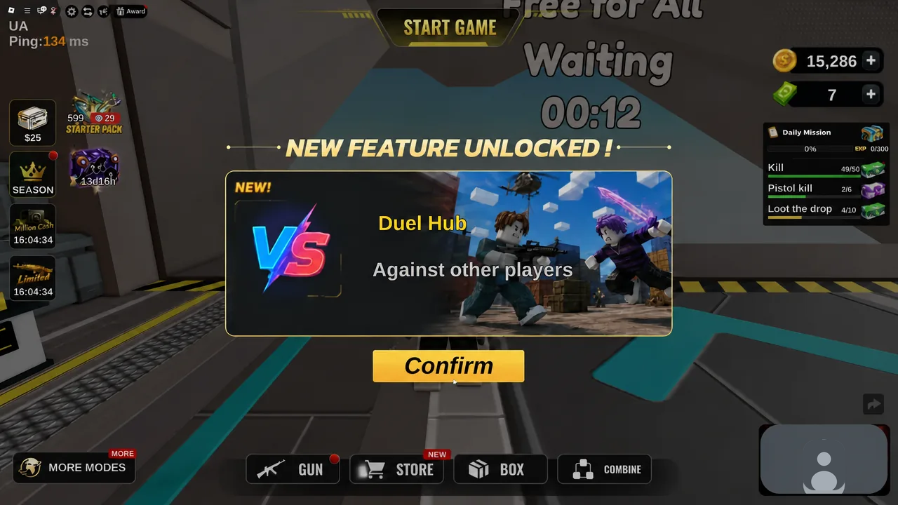 نافذة New Feature Unlocked تعلن عن Duel Hub مع زر Confirm